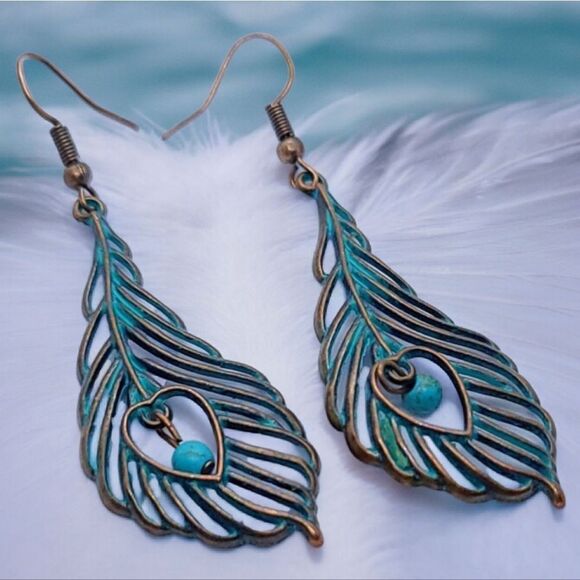 Boutique Jewelry - Feather Dangle Copper Patina Earrings Bohemian Tribal Western Pierced Jewelry